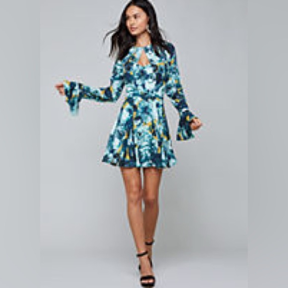 BEBE Teal Floral Flounce Cuff Dress